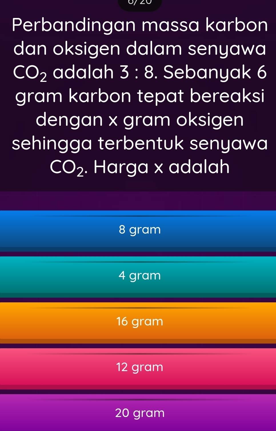 Perbandingan massa karbon
dan oksigen dalam senyawa
CO_2 adalah 3:8. Sebanyak 6
gram karbon tepat bereaksi
dengan x gram oksigen
sehingga terbentuk senyawa
CO_2. Harga x adalah
8 gram
4 gram
16 gram
12 gram
20 gram