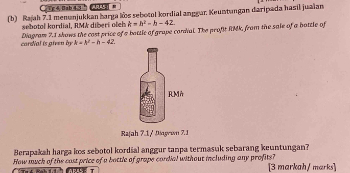 Tg 4, Bab 4.3 ARAS : R 
(b) Rajah 7.1 menunjukkan harga kos sebotol kordial anggur. Keuntungan daripada hasil jualan 
sebotol kordial, RMk diberi oleh k=h^2-h-42. 
Diagram 7.1 shows the cost price of a bottle of grape cordial. The profit RMk, from the sale of a bottle of 
cordial is given by k=h^2-h-42. 
Rajah 7.1/ Diagram 7.1 
Berapakah harga kos sebotol kordial anggur tanpa termasuk sebarang keuntungan? 
How much of the cost price of a bottle of grape cordial without including any profits? 
Tg 4 Rah 1 1 ARAS T [3 markah/ marks]