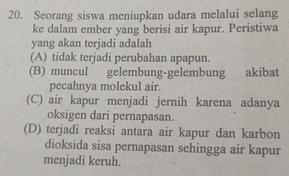 Seorang siswa meniupkan udara melalui selang
ke dalam ember yang berisi air kapur. Peristiwa
yang akan terjadi adalah
(A) tidak terjadi perubahan apapun.
(B) muncul gelembung-gelembung akibat
pecahnya molekul air.
(C) air kapur menjadi jernih karena adanya
oksigen dari pernapasan.
(D) terjadi reaksi antara air kapur dan karbon
dioksida sisa pernapasan sehingga air kapur
menjadi keruh.