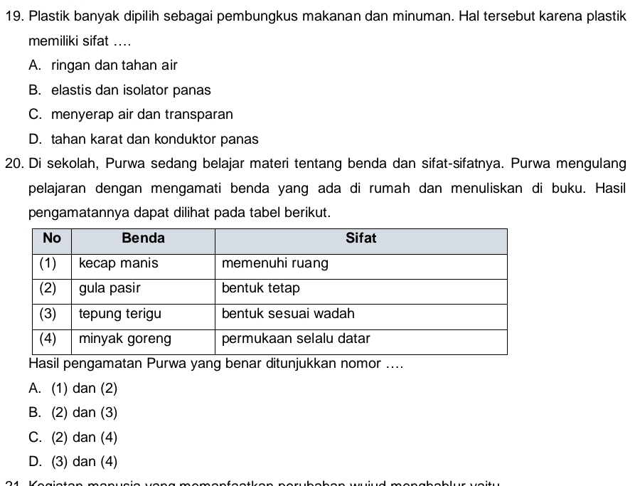 Plastik banyak dipilih sebagai pembungkus makanan dan minuman. Hal tersebut karena plastik
memiliki sifat ....
A. ringan dan tahan air
B. elastis dan isolator panas
C. menyerap air dan transparan
D. tahan karat dan konduktor panas
20. Di sekolah, Purwa sedang belajar materi tentang benda dan sifat-sifatnya. Purwa mengulang
pelajaran dengan mengamati benda yang ada di rumah dan menuliskan di buku. Hasil
pengamatannya dapat dilihat pada tabel berikut.
Hasil pengamatan Purwa yang benar ditunjukkan nomor ....
A. (1) dan (2)
B. (2) dan (3)
C. (2) dan (4)
D. (3) dan (4)