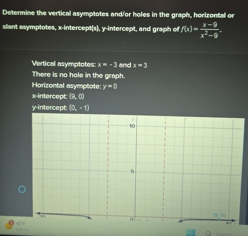 Determine the vertical asymptotes and/or holes in the graph, horizontal or
slant asymptotes, x-intercept(s), y-intercept, and graph of f(x)= (x-9)/x^2-9 .
Vertical asymptotes: x=-3 and x=3
There is no hole in the graph.
Horizontal asymptote: y=0
x-intercept: (9,0)
y-intercept: (0,-1)
1 42°F
Sunny Search