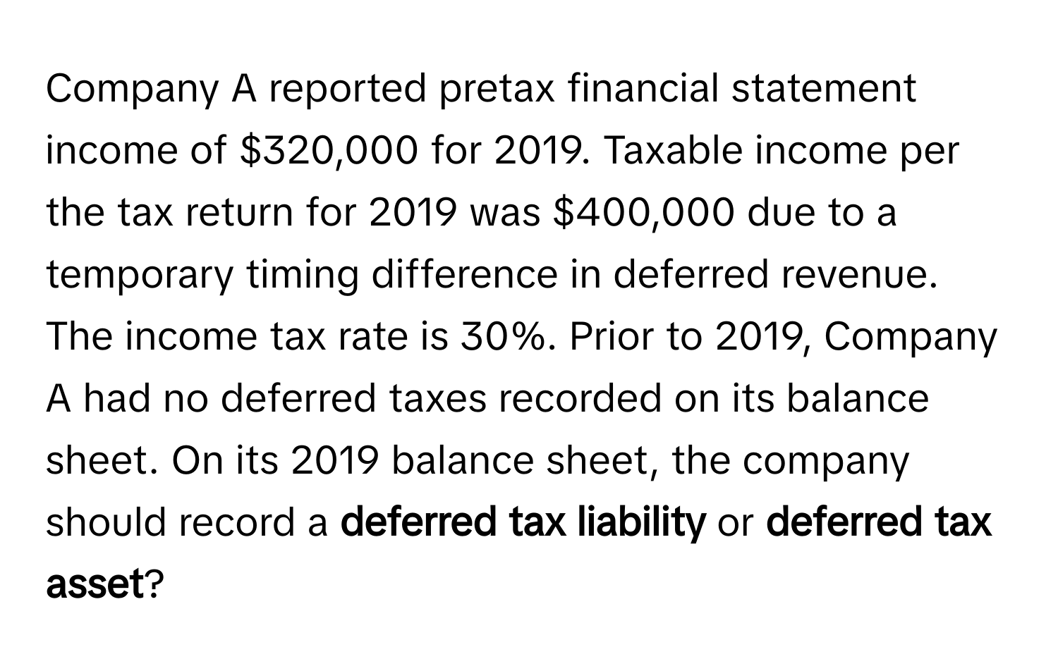 Company A reported pretax financial statement income of $320,000 for 2019. Taxable income per the tax return for 2019 was $400,000 due to a temporary timing difference in deferred revenue. The income tax rate is 30%. Prior to 2019, Company A had no deferred taxes recorded on its balance sheet. On its 2019 balance sheet, the company should record a **deferred tax liability** or **deferred tax asset**?