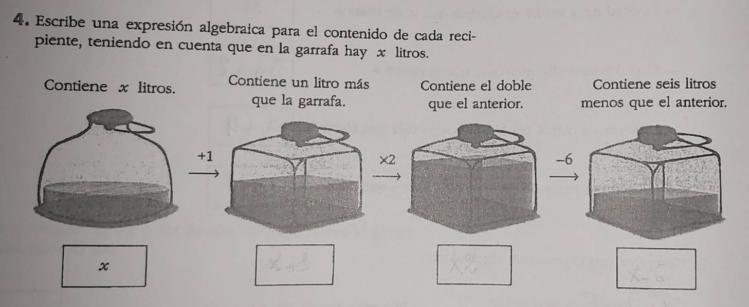 Escribe una expresión algebraica para el contenido de cada reci-
piente, teniendo en cuenta que en la garrafa hay x litros.
Contiene x litros. Contiene un litro más Contiene el doble Contiene seis litros
que la garrafa. que el anterior. menos que el anterior.
+1
×2
-6
x