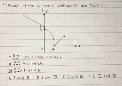 Which of the following statements are TRUE?
I limlimits _xto 0f(x)= does not exist
I limlimits _xto 4f(x) exists
Ill limlimits _xto 0^+f(x)=6
A I and II B I and II CI and II D 1, II and III