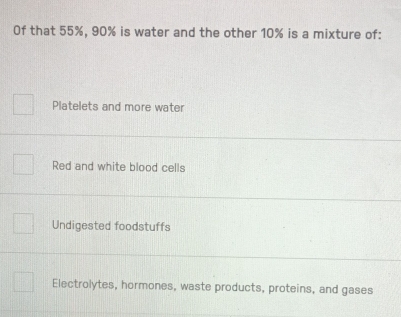 Of that 55%, 90% is water and the other 10% is a mixture of:
Platelets and more water
Red and white blood cells
Undigested foodstuffs
Electrolytes, hormones, waste products, proteins, and gases