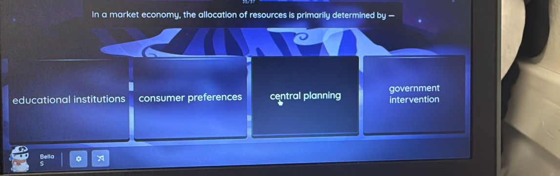 In a market economy, the allocation of resources is primarily determined by —
educational institutions consumer preferences central planning intervention government
-
Bella
5