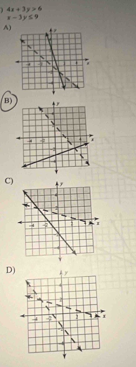 4x+3y>6
x-3y≤ 9
A)
B)
C)
D)