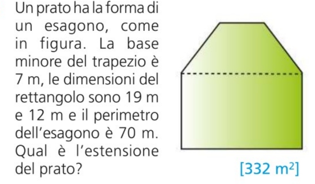 Un prato ha la forma di
un esagono, come
in figura. La base
minore del trapezio è
7 m, le dimensioni del
rettangolo sono 19 m
e 12 m e il perimetro
dell’esagono è 70 m.
Qual è l'estensione
del prato?