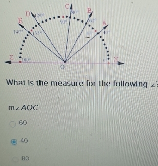 What is the measure for the following
m∠ AOC
60
40
80