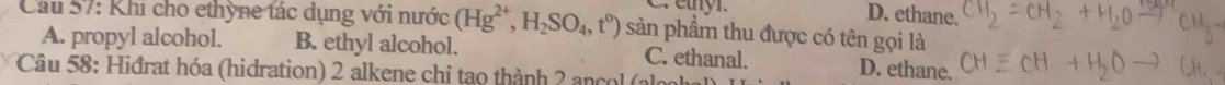 D. ethane.
Cầu 57: Khi cho ethỳne tác dụng với nước (Hg^(2+), H_2SO_4, t^0) sản phẩm thu được có tên gọi là
A. propyl alcohol. B. ethyl alcohol. C. ethanal. D. ethane.
Câu 58: Hiđrat hóa (hidration) 2 alkene chi tạo thành 2 ancol (alo