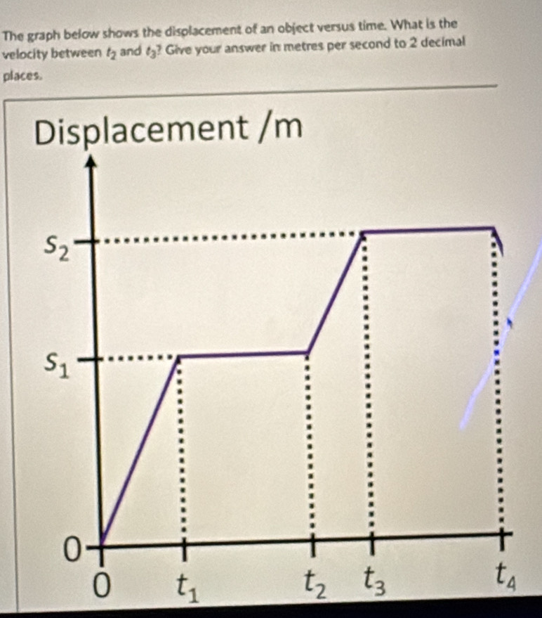 The graph below shows the displacement of an object versus time. What is the
velocity between t_2 and t_3 ? Give your answer in metres per second to 2 decimal
places.
Displacement / m
s_2
s_1
0
0 t_1
t_2 t_3
t_4