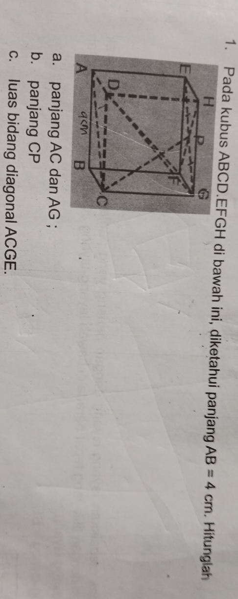 Pada kubus ABCD. EFGH di bawah ini, diketahui panjang AB=4cm. Hitunglah 
a. panjang AC dan AG; 
b. panjang CP
c. luas bidang diagonal ACGE.