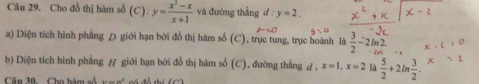 Cho đồ thị hàm số (C): y= (x^2-x)/x+1  và đường thẳng d : y=2. 
a) Diện tích hình phẳng D giới hạn bởi đồ thị hàm số (C), trục tung, trục hoành là  3/2 -2ln 2. 
b) Diện tích hình phẳng H giới hạn bởi đồ thị hàm số (C), đường thẳng d , x=1, x=2 là  5/2 +2ln  3/2 . 
Câu 30. Cho hàm số v=a^3 có đồ thị