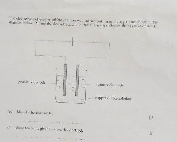 The electrolysis of copper sulfate solution was carried out using the apparatus shown in the 
diagram below. During the electrolysis, copper metal was deposited on the negative electrode. 
a Identify the electrolyte. 
_ 
[1] 
b) State the name given to a positive electrode. 
_ 
[1]