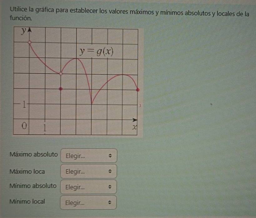 Utilice la gráfica para establecer los valores máximos y mínimos absolutos y locales de la
función.
Máximo absoluto Elegir...
Máximo loca Elegir...
Mínimo absoluto Elegir...
Mínimo local Elegir...