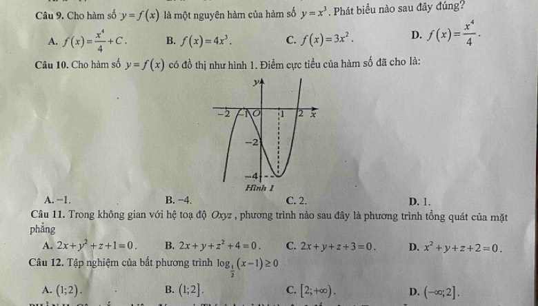 Cho hàm số y=f(x) là một nguyên hàm của hàm số y=x^3. Phát biểu nào sau đây đúng?
A. f(x)= x^4/4 +C. B. f(x)=4x^3. C. f(x)=3x^2. D. f(x)= x^4/4 . 
Câu 10. Cho hàm số y=f(x) có đồ thị như hình 1. Điểm cực tiểu của hàm số đã cho là:
A. −1. B. −4. C. 2. D. 1.
Câu 11. Trong không gian với hệ toạ độ Oxyz , phương trình nào sau đây là phương trình tổng quát của mặt
phẳng
A. 2x+y^2+z+1=0. B. 2x+y+z^2+4=0. C. 2x+y+z+3=0. D. x^2+y+z+2=0. 
Câu 12. Tập nghiệm của bất phương trình log _ 1/2 (x-1)≥ 0
A. (1;2). B. (1;2]. C. [2;+∈fty ). D. (-∈fty ;2].