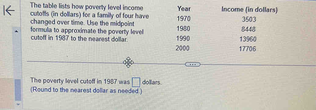 The table lists how poverty level income Year Income (in dollars) 
cutoffs (in dollars) for a family of four have 1970
3503
changed over time. Use the midpoint 
formula to approximate the poverty level 1980 8448
cutoff in 1987 to the nearest dollar. 1990 13960
2000 17706
The poverty level cutoff in 1987 was □ dollars. 
(Round to the nearest dollar as needed.)