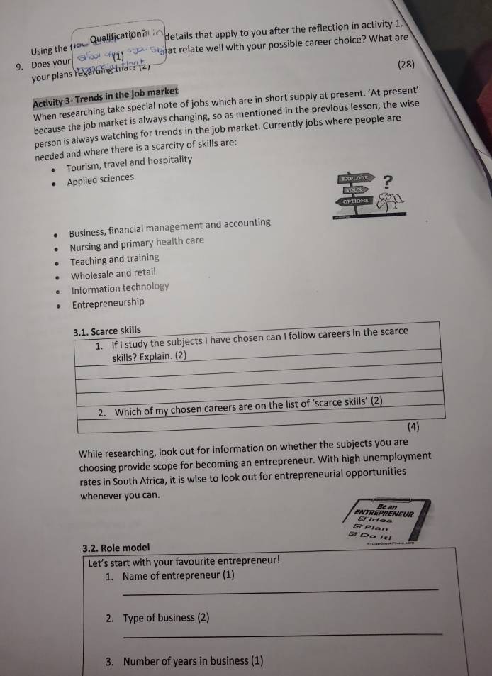 Using the Qualification? details that apply to you after the reflection in activity 1.
hat relate well with your possible career choice? What are
9. Does your
your plans regaruing that? (2)
(28)
Activity 3- Trends in the job market
When researching take special note of jobs which are in short supply at present. 'At present'
because the job market is always changing, so as mentioned in the previous lesson, the wise
person is always watching for trends in the job market. Currently jobs where people are
needed and where there is a scarcity of skills are:
Tourism, travel and hospitality
Applied sciences
?
Business, financial management and accounting
Nursing and primary health care
Teaching and training
Wholesale and retail
Information technology
Entrepreneurship
While researching, look out for information on whether the subjects you are
choosing provide scope for becoming an entrepreneur. With high unemployment
rates in South Africa, it is wise to look out for entrepreneurial opportunities
whenever you can.
ENTREPRENEUR Be an
E idea
B Plan
S Do Itl
3.2. Role model
Let's start with your favourite entrepreneur!
1. Name of entrepreneur (1)
_
2. Type of business (2)
_
3. Number of years in business (1)