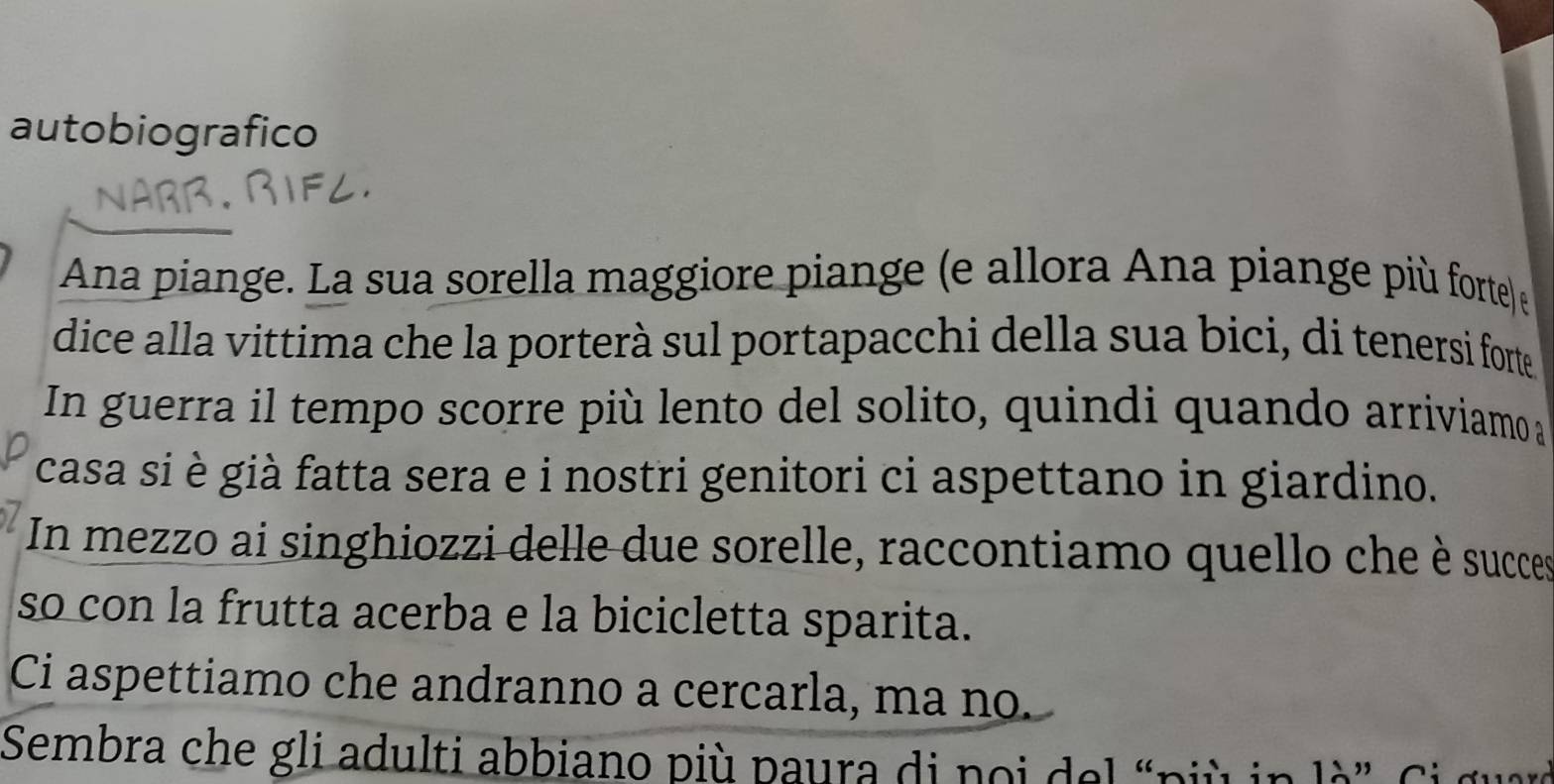 autobiografico 
Ana piange. La sua sorella maggiore piange (e allora Ana piange più forte) e 
dice alla vittima che la porterà sul portapacchi della sua bici, di tenersi forte 
In guerra il tempo scorre più lento del solito, quindi quando arriviamo a 
casa si è già fatta sera e i nostri genitori ci aspettano in giardino. 
In mezzo ai singhiozzi delle due sorelle, raccontiamo quello che è succes 
so con la frutta acerba e la bicicletta sparita. 
Ci aspettiamo che andranno a cercarla, ma no. 
Sembra che gli adulti abbiano più paura di noi del “più in là” Ci guan