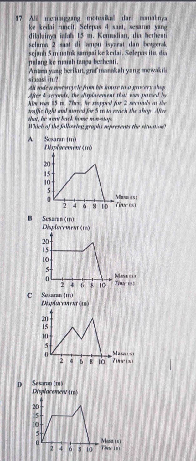Ali menunggang motosikal dari rumahnya
ke kedai runcit. Selepas 4 saat, sesaran yang
dilaluinya ialah 15 m. Kemudian, dia berhenti
selama 2 saat di lampu isyarat dan bergerak
sejauh 5 m untuk sampai ke kedai. Selepas itu, dia
pulang ke rumah tanpa berhenti.
Antara yang berikut, graf manakah yang mewakili
situasi itu?
Ali rode a motorcycle from his house to a grocery shop
After 4-seconds, the displacement that was passed by
him was 15 m. Then, he stopped for 2 seconds at the
traffic light and moved for 5 m to reach the shop. After
that, he went back home non-stop.
Which of the following graphs represents the situation?
A Sesaran (m)
B Sesaran (m)
C Sesaran (m)
Displacement (111)
20
15
10
5
o Masa (s)
2 4 6 8 10 Time (s)
D
