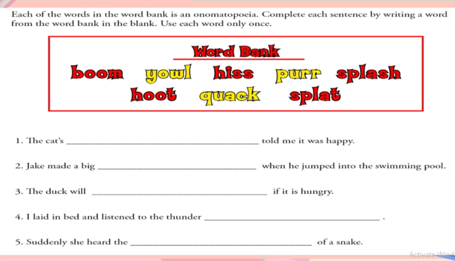 Solved: Each of the words in the word bank is an onomatopoeia. Complete ...