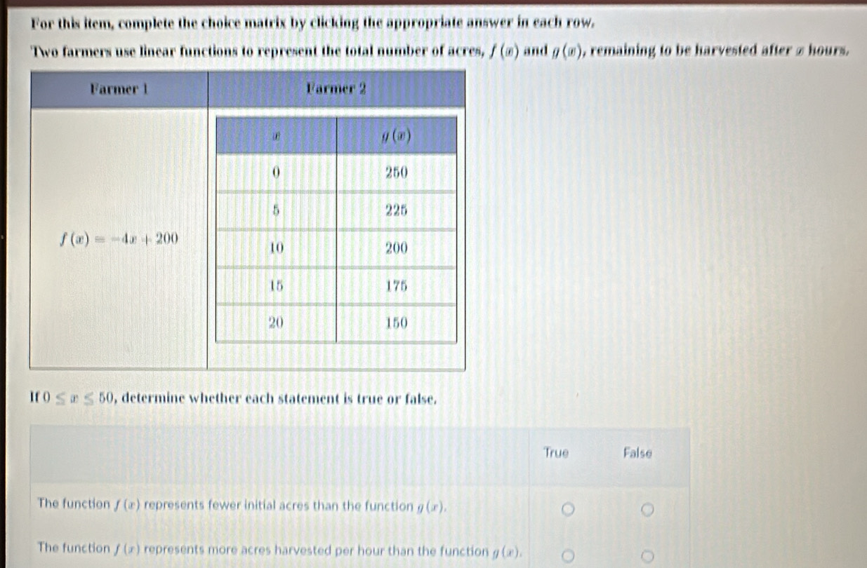 For this item, complete the choice matrix by clicking the appropriate answer in each row.
Two farmers use linear functions to represent the total number of acres, f(x) and g(x) , remaining to be harvested after s hours.
If 0≤ x≤ 50 , determine whether each statement is true or false.
True False
The function f(x) represents fewer initial acres than the function g(x).
The function f(x) represents more acres harvested per hour than the function g(x).