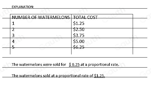 EXPLANATION: 
The watermelons were sold for $ 6.25 at a proportional rate. 
The watermelons sold at a proportional rate of $1.25. 
Table 1: []