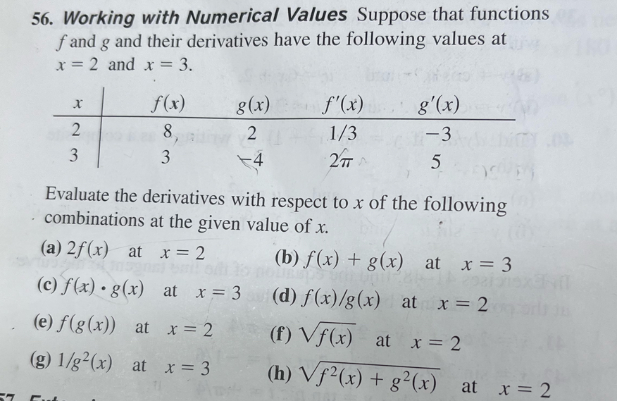 Working with Numerical Values Suppose that functions
f and g and their derivatives have the following values at
x=2 and x=3.
Evaluate the derivatives with respect to x of the following
combinations at the given value of x.
(a) 2f(x) at x=2 (b) f(x)+g(x) at x=3
(c) f(x)· g(x) at x=3 (d) f(x)/g(x) at x=2
(e) f(g(x)) at x=2 (f) sqrt(f(x)) at x=2
(g) 1/g^2(x) at x=3 (h) sqrt(f^2(x)+g^2(x)) at x=2