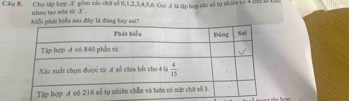 Cho tập hợp X gồm các chữ số 0,1,2,3,4,5,6. Gọi A là tập hợp các số tự nhiên có 4 cnư so knao
nhau tạo nên từ X .
Mỗi phát biểu sau đây là đúng hay sai?