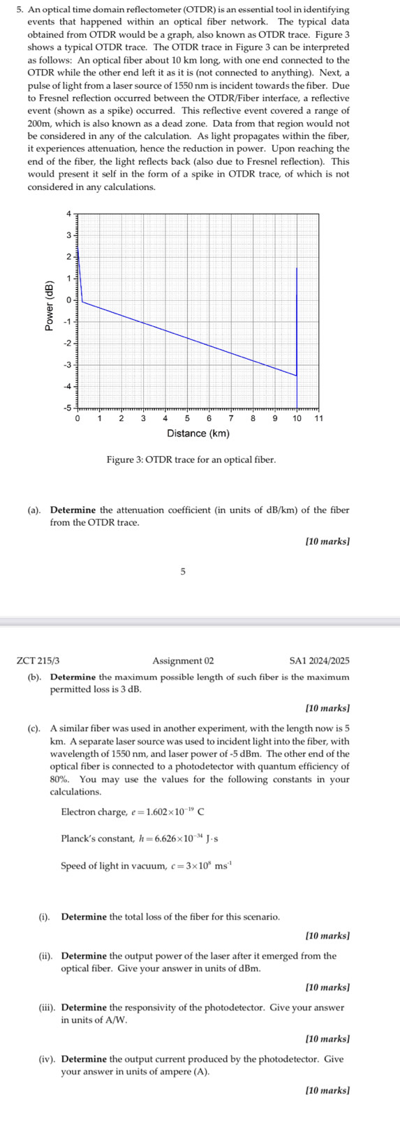 An optical time domain reflectometer (OTDR) is an essential tool in identifying
events that happened within an optical fiber network. The typical data
obtained from OTDR would be a graph, also known as OTDR trace. Figure 3
shows a typical OTDR trace. The OTDR trace in Figure 3 can be interpreted
as follows: An optical fiber about 10 km long, with one end connected to the
OTDR while the other end left it as it is (not connected to anything). Next, a
pulse of light from a laser source of 1550 nm is incident towards the fiber. Due
to Fresnel reflection occurred between the OTDR/Fiber interface, a reflective
event (shown as a spike) occurred. This reflective event covered a range of
200m, which is also known as a dead zone. Data from that region would not
be considered in any of the calculation. As light propagates within the fiber,
it experiences attenuation, hence the reduction in power. Upon reaching the
end of the fiber, the light reflects back (also due to Fresnel reflection). This
would present it self in the form of a spike in OTDR trace, of which is not
considered in any calculations.
Distance (km)
Figure 3: OTDR trace for an optical fiber.
(a). Determine the attenuation coefficient (in units of dB/km) of the fiber
[10 marks]
5
ZCT 215/3 Assignment 02 SA1 2024/2025
(b). Determine the maximum possible length of such fiber is the maximum
permitted loss is 3 dB.
[10 marks]
(c). A similar fiber was used in another experiment, with the length now is 5
km. A separate laser source was used to incident light into the fiber, with
wavelength of 1550 nm, and laser power of -5 dBm. The other end of the
optical fiber is connected to a photodetector with quantum efficiency of
80%. You may use the values for the following constants in your
calculations.
Electron charge,
Planck’s constant, h=6.626* 10^(-34)J· s
Speed of light in vacuum, c=3* 10^8ms^(-1)
(i). Determine the total loss of the fiber for this scenario.
[10 marks]
(ii). Determine the output power of the laser after it emerged from the
optical fiber. Give your answer in units of dBm.
[10 marks]
(iii). Determine the responsivity of the photodetector. Give your answer
in units of A/W.
[10 marks]
(iv). Determine the output current produced by the photodetector. Give
your answer in units of ampere (A).
[10 marks]