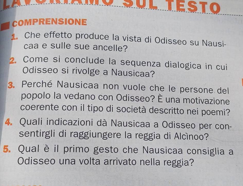 SUl TESTO 
COMPRENSIONE 
1. Che effetto produce la vista di Odisseo su Nausi- 
caa e sulle sue ancelle? 
2. Come si conclude la sequenza dialogica in cui 
Odisseo si rivolge a Nausicaa? 
3. Perché Nausicaa non vuole che le persone del 
popolo la vedano con Odisseo? È una motivazione 
coerente con il tipo di società descritto nei poemi? 
4. Quali indicazioni dà Nausicaa a Odisseo per con- 
sentirgli di raggiungere la reggia di Alcínoo? 
5. Qual è il primo gesto che Nausicaa consiglia a 
Odisseo una volta arrivato nella reggia?