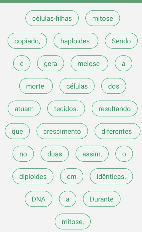 células-filhas mitose 
copiado, haploides Sendo 
é gera meiose a 
morte células dos 
atuam tecidos. resultando 
que crescimento diferentes 
no duas assim, 0 
diploides em idênticas. 
DNA a Durante 
mitose,