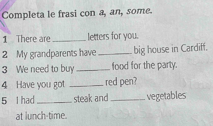 Completa le frasi con a, an, some. 
1 There are _letters for you. 
2 My grandparents have _big house in Cardiff. 
3 We need to buy _food for the party. 
4 Have you got _red pen? 
5 I had _steak and _vegetables 
at lunch-time.