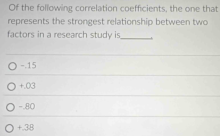 Of the following correlation coefficients, the one that
represents the strongest relationship between two
factors in a research study is_
-.15
+.03
-.80
+.38