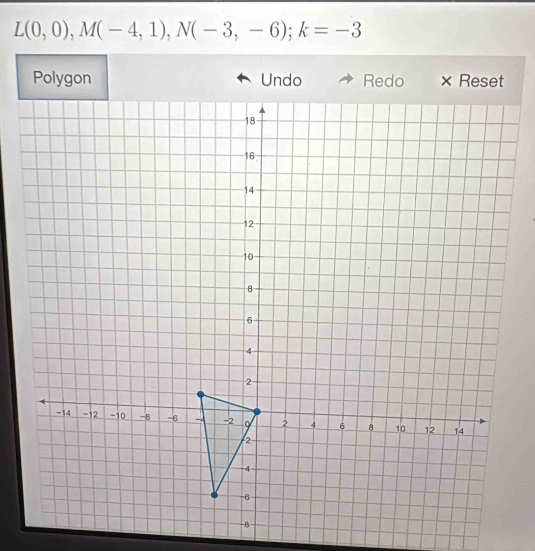 L(0,0), M(-4,1), N(-3,-6); k=-3