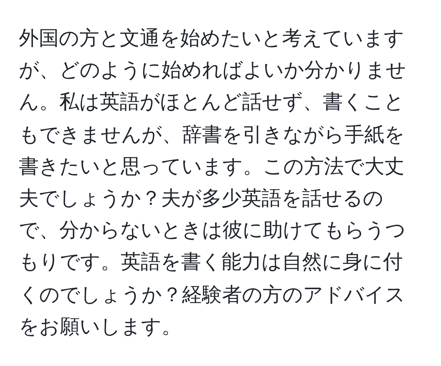 外国の方と文通を始めたいと考えていますが、どのように始めればよいか分かりません。私は英語がほとんど話せず、書くこともできませんが、辞書を引きながら手紙を書きたいと思っています。この方法で大丈夫でしょうか？夫が多少英語を話せるので、分からないときは彼に助けてもらうつもりです。英語を書く能力は自然に身に付くのでしょうか？経験者の方のアドバイスをお願いします。