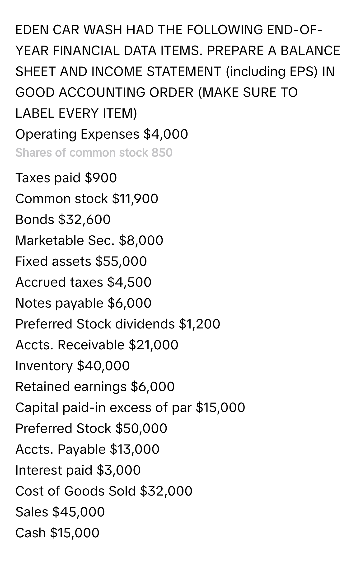 EDEN CAR WASH HAD THE FOLLOWING END-OF-YEAR FINANCIAL DATA ITEMS. PREPARE A BALANCE SHEET AND INCOME STATEMENT (including EPS) IN GOOD ACCOUNTING ORDER (MAKE SURE TO LABEL EVERY ITEM)

Operating Expenses $4,000 
# Shares of common stock 850 
Taxes paid $900 
Common stock $11,900 
Bonds $32,600 
Marketable Sec. $8,000 
Fixed assets $55,000 
Accrued taxes $4,500 
Notes payable $6,000 
Preferred Stock dividends $1,200 
Accts. Receivable $21,000 
Inventory $40,000 
Retained earnings $6,000 
Capital paid-in excess of par $15,000 
Preferred Stock $50,000 
Accts. Payable $13,000 
Interest paid $3,000 
Cost of Goods Sold $32,000 
Sales $45,000 
Cash $15,000