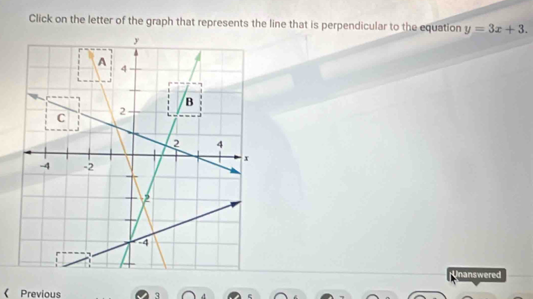 Click on the letter of the graph that represents the line that is perpendicular to the equation y=3x+3. 
Unanswered 
《 Previous 3 d