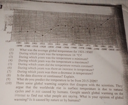 1
980
(1) What was the average global temperature for 1921-1930? -1990 -2000 -2010 -2014 
(2) During which years was the temperature 14°C
(3) During which years was the temperature a minimum? 
(4) During which years was the temperature a maximum? 
(5) During which years did the temperature remain constant? 
(6) During which years was there an increase in temperature? 
(7) During which years was there a decrease in temperature? 
(8) Is the data discrete or continuous? Explain. 
(9) What do you predict the temperature to be from 2015-2020? 
(10) There some global warming sceptics that disagree with the scientists. They 
argue that the worldwide rise in surface temperature is due to natural 
cycles and is not caused by humans. Google search global warming on the 
internet to find out what people are saying. What is your opinion of global 
warming? Is it caused by nature or by humans?