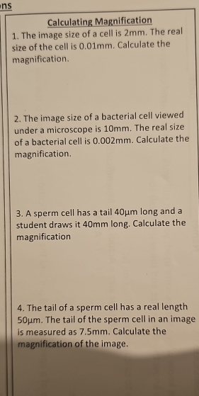 Solved: ns Calculating Magnification 1. The image size of a cell is 2mm ...