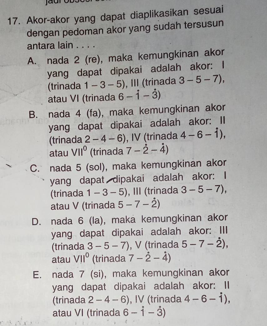 jau
17. Akor-akor yang dapat diaplikasikan sesuai
dengan pedoman akor yang sudah tersusun
antara lain . . . .
A. nada 2 (re), maka kemungkinan akor
yang dapat dipakai adalah akor: I
(trinada 1-3-5) , III (trinada 3-5-7), 
atau VI (trinada 6-dot 1-dot 3)
B. nada 4 (fa), maka kemungkinan akor
yang dapat dipakai adalah akor: II
(trinada 2-4-6) , IV (trinada 4-6-dot 1), 
atau VII^0 (trinada 7-dot 2-dot 4)
C. nada 5 (sol), maka kemungkinan akor
yang dapat dipakai adalah akor: I
(trinada 1-3-5) , III (trinada 3-5-7), 
atau V (trinada 5-7-dot 2)
D. nada 6 (la), maka kemungkinan akor
yang dapat dipakai adalah akor: III
(trinada 3-5-7) , V (trinada 5-7-dot 2), 
atau VII^0 (trinada 7-dot 2-dot 4)
E. nada 7 (si), maka kemungkinan akor
yang dapat dipakai adalah akor: II
(trinada 2-4-6) , IV (trinada 4-6-dot 1), 
atau VI (trinada 6-dot 1-dot 3)