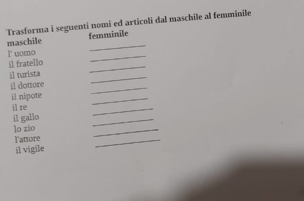 Trasforma i seguenti nomi ed articoli dal maschile al femminile 
maschile femminile 
l' uomo 
_ 
_ 
il fratello 
_ 
_ 
il turista 
il dottore 
il nipote 
_ 
il re 
_ 
il gallo 
_ 
lo zio 
_ 
l'attore 
_ 
il vigile 
_