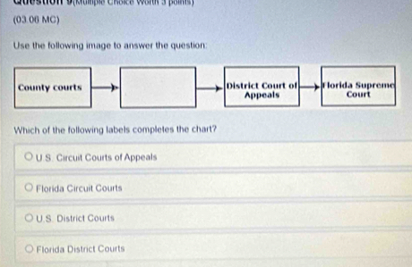 Question 9(kump Crsica wan 3 pa
(03.06 MC)
Use the following image to answer the question:
County courts District Court of Florida Supreme Court
Appeals
Which of the following labels completes the chart?
U.S. Circuit Courts of Appeals
Florida Circuit Courts
U.S. District Courts
Florida District Courts