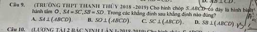 Câu 9, (TRƯÔNG THPT THANH THÜY 2018 -2019) Cho hình chóp S. ABCD có đây là hình bình D. B⊥ CD. 
hành timO, SA=SC, SB=SD. Trong các khẳng định sau khẳng định nào đúng?
A. SA⊥ (ABCD). B. SO⊥ (ABCD). C. SC⊥ (ABCD). D. SB⊥ (ABCD)
Câu 10. ( ONGT bài 2 Bác Ninh Lân 1.2018 2019