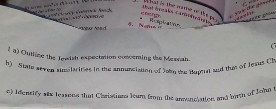 What is the name of the pro t n 
10. State the gener Cvil 
Id be able to: and classify livestock feeds. 
that breaks carbohydrates 
energy. 
m row 
t on and digestive 
Respiration 
6. N 
aress feed 
( 
1 a) Outline the Jewish expectation concerning the Messiah 
b) State seven similarities in the annunciation of John the Baptist and that of Jesus Ch 
c) Identify six lessons that Christians learn from the annunciation and birth of John