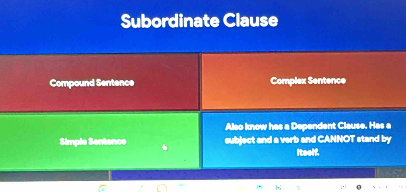 Subordinate Clause
Compound Sentence Complex Sentence
Also know has a Dependent Clause. Has a
Simple Sentence subject and a verb and CANNOT stand by
itself.
b
0 10