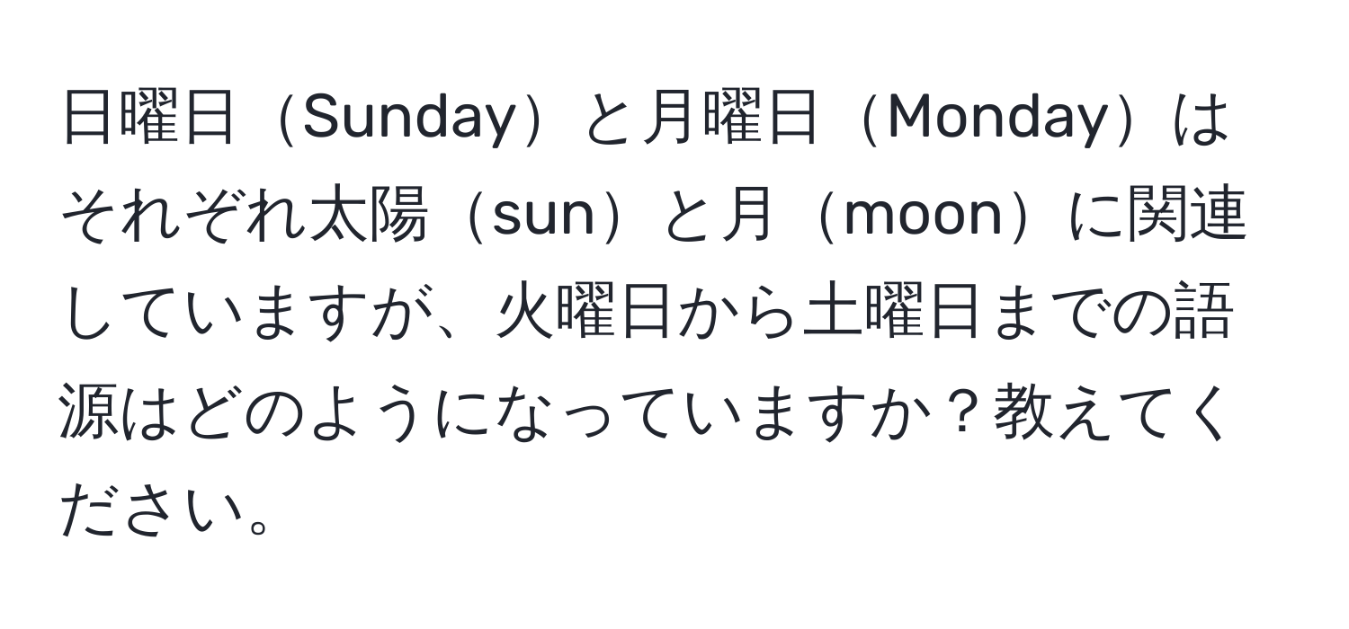 日曜日Sundayと月曜日Mondayはそれぞれ太陽sunと月moonに関連していますが、火曜日から土曜日までの語源はどのようになっていますか？教えてください。