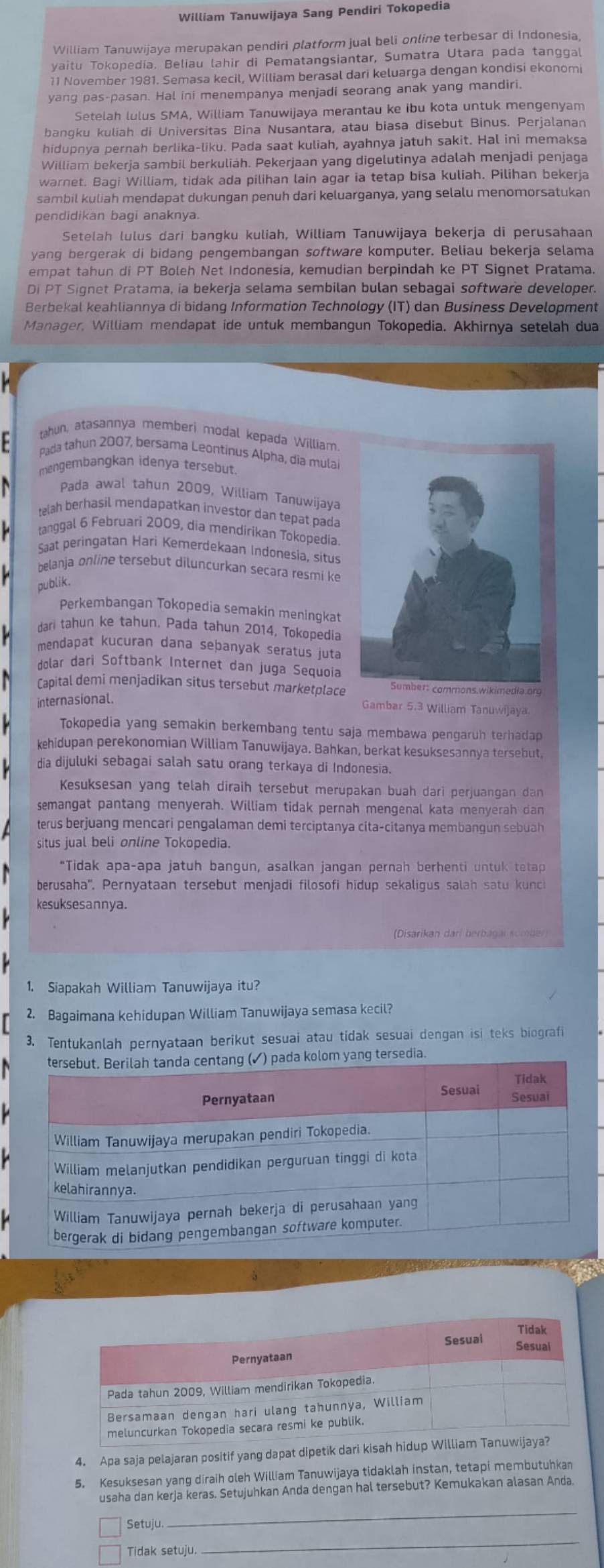 William Tanuwijaya Sang Pendiri Tokopedia
William Tanuwijaya merupakan pendiri platform jual beli online terbesar di Indonesia,
yaitu Tokopedia. Beliau lahir di Pematangsiantar, Sumatra Utara pada tangga
11 November 1981. Semasa kecil, William berasal dari keluarga dengan kondisi ekonomi
yang pas-pasan. Hal ini menempanya menjadi seorang anak yang mandiri
Setelah lulus SMA, William Tanuwijaya merantau ke ibu kota untuk mengenyam
bangku kuliah di Universitas Bina Nusantara, atau biasa disebut Binus. Perjalanan
hidupnya pernah berlika-liku. Pada saat kuliah, ayahnya jatuh sakit. Hal ini memaksa
William bekerja sambil berkuliáh. Pekerjaan yang digelutinya adalah menjadi penjaga
warnet. Bagi William, tidak ada pilihan lain agar ia tetap bisa kuliah. Pilihan bekerja
sambil kuliah mendapat dukungan penuh dari keluarganya, yang selalu menomorsatukan
Setelah lulus dari bangku kuliah, William Tanuwijaya bekerja di perusahaan
yang bergerak di bidang pengembangan software komputer. Beliau bekerja selama
empat tahun di PT Boleh Net Indonesia, kemudian berpindah ke PT Signet Pratama.
Di PT Signet Pratama, ia bekerja selama sembilan bulan sebagai software developer.
Berbekal keahliannya di bidang Information Technology (IT) dan Business Development
Manager, William mendapat ide untuk membangun Tokopedia. Akhirnya setelah dua
tahun, atasannya memberi modal kepada William.
- Pada tahun 2007, bersama Leontinus Alpha, dia mula
mengembangkan idenya tersebut.
Pada awal tahun 2009, William Tanuwijaya
telah berhasil mendapatkan investor dan tepat pada
tanggal 6 Februari 2009, dia mendirikan Tokopedía.
Saat peringatan Hari Kemerdekaan Indonesia, situs
belanja online tersebut diluncurkan secara resmi ke
publik.
Perkembangan Tokopedia semakin meningkat
dari tahun ke tahun. Pada tahun 2014, Tokopedia
mendapat kucuran dana seþanyak seratus juta
dolar dari Softbank Internet dan juga Sequoia
Capital demi menjadikan situs tersebut marketplace
internasional.
Gambar 5.3 William Tanuwijaya
Tokopedia yang semakin berkembang tentu saja membawa pengaruh terhadap
kehidupan perekonomian William Tanuwijaya. Bahkan, berkat kesuksesannya tersebut,
dia dijuluki sebagai salah satu orang terkaya di Indonesia.
Kesuksesan yang telah diraih tersebut merupakan buah dari perjuangan dan
semangat pantang menyerah. William tidak pernah mengenal kata menyerah dan
terus berjuang mencari pengalaman demi terciptanya cita-citanya membangun sebuah
situs jual beli online Tokopedia.
*Tidak apa-apa jatuh bangun, asalkan jangan pernah berhenti untuk tetap
berusaha''. Pernyataan tersebut menjadi filosofi hidup sekaligus salah satu kunci
kesuksesannya.
(Disarikan dari berbagar sumber
1. Siapakah William Tanuwijaya itu?
2. Bagaimana kehidupan William Tanuwijaya semasa kecil?
3. Tentukanlah pernyataan berikut sesuai atau tidak sesuai dengan isi teks biografi
lom yang tersedia.
4. Apa saja pelajaran positif yang dapat dipetik dari kisah hidup William Tanuwijaya?
5. Kesuksesan yang diraih oleh William Tanuwijaya tidaklah instan, tetapi membutuhkan
usaha dan kerja keras. Setujuhkan Anda dengan hal tersebut? Kemukakan alasan Anda
Setuju.
_
Tidak setuju.
_