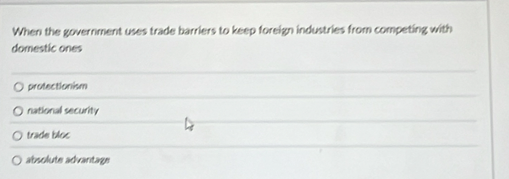 When the government uses trade barriers to keep foreign industries from competing with
domestic ones
protectionism
national security
trade bloc
absolute advantage