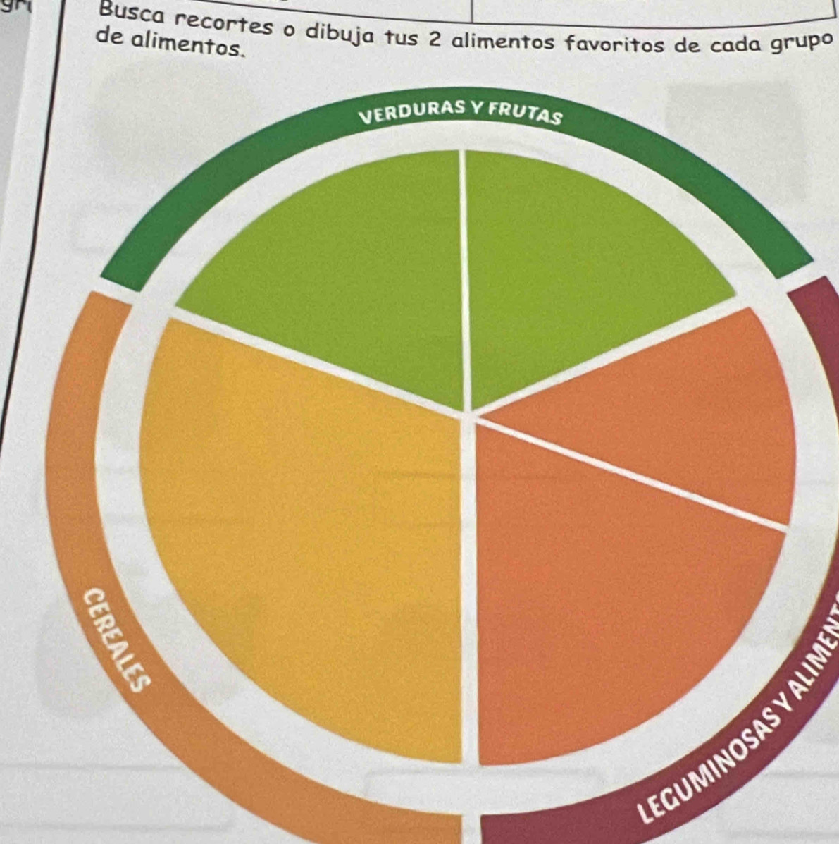 gri Busca recortes o dibuja tus 2 alimentos favoritos de cada grupo 
de alimentos.